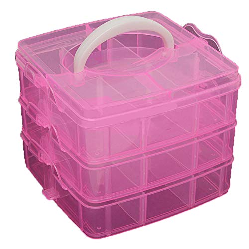 Baost 3-Layer Detachable Portable Clear Plastic Ornament Box Holder Carrier Art Craft Jewelry Earring Ring Beads Sewing Accessories Storage Organizer Container Case with Handle Pink