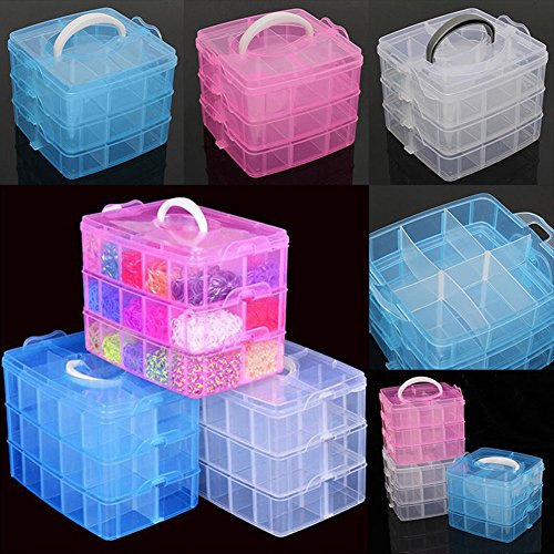 Baost 3-Layer Detachable Portable Clear Plastic Ornament Box Holder Carrier Art Craft Jewelry Earring Ring Beads Sewing Accessories Storage Organizer Container Case with Handle Pink