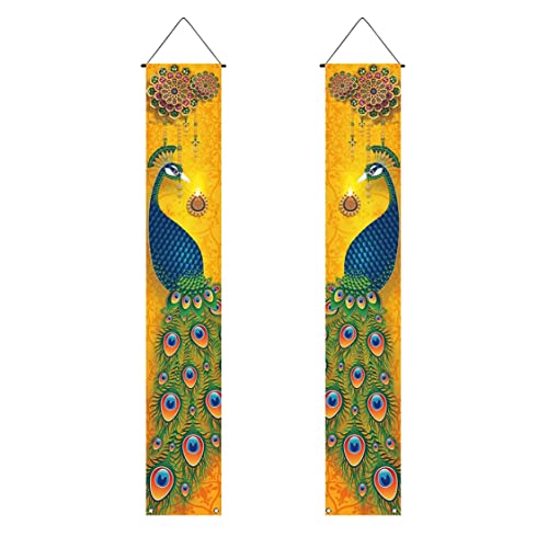 Banners,Happy Diwali Porch Banner Indian Diwali Peacock Front Porch Welcome Sign Deepawali Indian Festival of Lights Decorations-12×71''