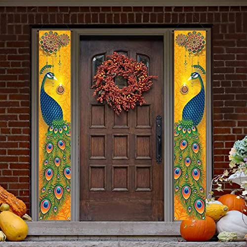 Banners,Happy Diwali Porch Banner Indian Diwali Peacock Front Porch Welcome Sign Deepawali Indian Festival of Lights Decorations-12×71''