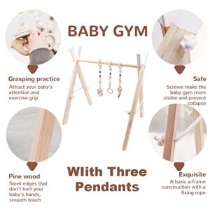 Wooden Baby Gym with 4 Baby Sensory Toys Foldable Baby Play Activity Gym Frame Hanging Bar Newborn Gift