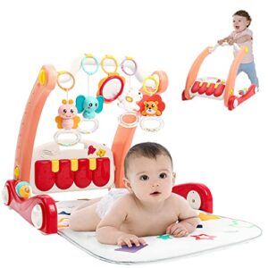 2 in 1 baby gym play mat & sit-to-stand learning walker,kick &play piano tummy time mat toys with mirror for newborn babies toddlers infants,gift for baby girls boys must haves,red