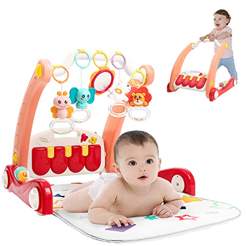 2 in 1 Baby Gym Play Mat & Sit-to-Stand Learning Walker,Kick &Play Piano Tummy Time Mat Toys with Mirror for Newborn Babies Toddlers Infants,Gift for Baby Girls Boys Must Haves,Red