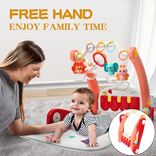 2 in 1 Baby Gym Play Mat & Sit-to-Stand Learning Walker,Kick &Play Piano Tummy Time Mat Toys with Mirror for Newborn Babies Toddlers Infants,Gift for Baby Girls Boys Must Haves,Red