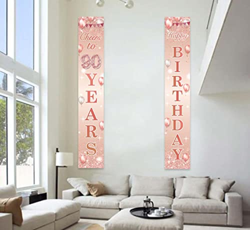 Happy Birthday Rose Gold Banner Cheers to 90 Years Backdrop Balloon Confetti Theme Decor Decorations for Front Door Porch Women 90th Birthday Party Pink Birthday Party Supplies Bday Favors Glitter