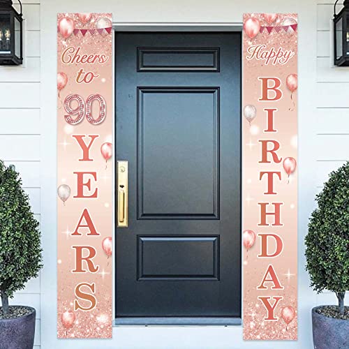 Happy Birthday Rose Gold Banner Cheers to 90 Years Backdrop Balloon Confetti Theme Decor Decorations for Front Door Porch Women 90th Birthday Party Pink Birthday Party Supplies Bday Favors Glitter