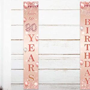 Happy Birthday Rose Gold Banner Cheers to 90 Years Backdrop Balloon Confetti Theme Decor Decorations for Front Door Porch Women 90th Birthday Party Pink Birthday Party Supplies Bday Favors Glitter