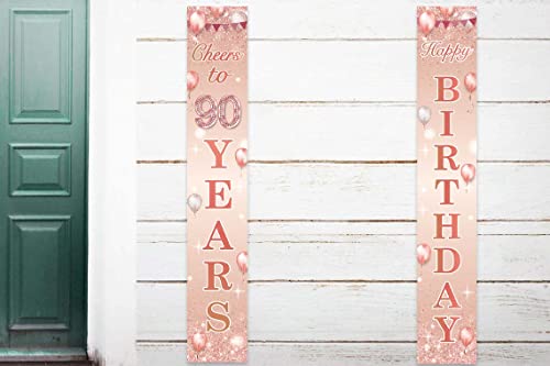 Happy Birthday Rose Gold Banner Cheers to 90 Years Backdrop Balloon Confetti Theme Decor Decorations for Front Door Porch Women 90th Birthday Party Pink Birthday Party Supplies Bday Favors Glitter