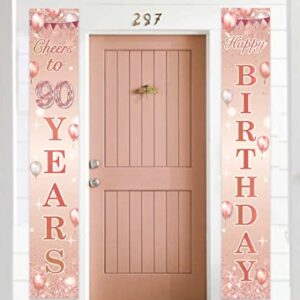 Happy Birthday Rose Gold Banner Cheers to 90 Years Backdrop Balloon Confetti Theme Decor Decorations for Front Door Porch Women 90th Birthday Party Pink Birthday Party Supplies Bday Favors Glitter