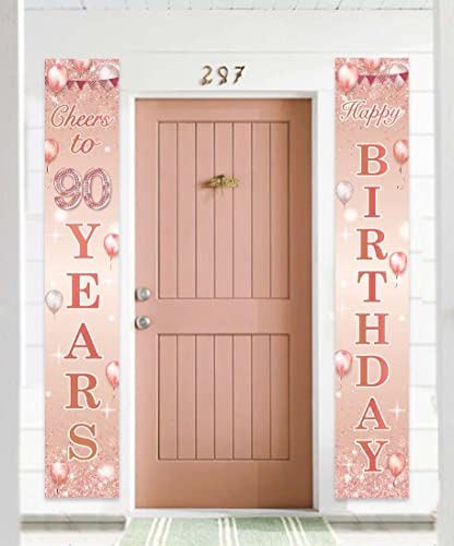 Happy Birthday Rose Gold Banner Cheers to 90 Years Backdrop Balloon Confetti Theme Decor Decorations for Front Door Porch Women 90th Birthday Party Pink Birthday Party Supplies Bday Favors Glitter