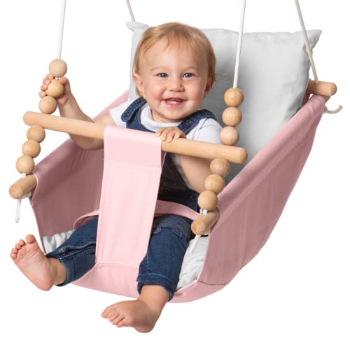 Outdoor and Indoor Baby Hammock Swing Seat by Frobel - Canvas Boho Hanging Baby Swing for Baby to Toddler 1 Year to 4 Years Old, Hanging Kit and Anchor Included, Safe and Secure, Pink