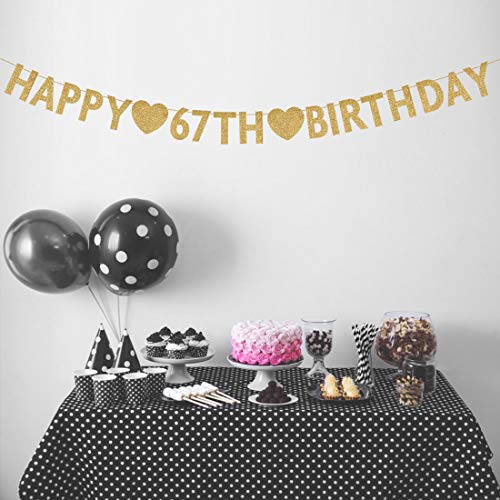 Gold Happy 67th Birthday Banner, Glitter 67 Years Old Woman or Man Party Decorations, Supplies
