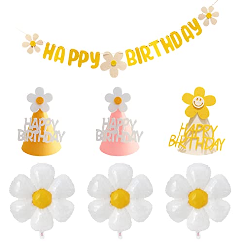 Daisy Balloons,Baby Shower Decoration Banners,Happy Birthday Cone Party Hats, Birthday Party Decorations for Girls Boys…