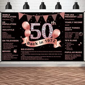 50th birthday banner backdrop decorations for women, rose gold back in 1972 banner 50 year old birthday party poster supplies, extra large happy fifty birthday decor photo booth(6×3.6ft)