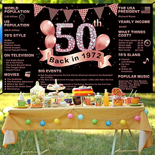 50th Birthday Banner Backdrop Decorations for Women, Rose Gold Back in 1972 Banner 50 Year Old Birthday Party Poster Supplies, Extra Large Happy Fifty Birthday Decor Photo Booth(6x3.6ft)