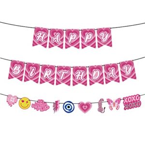 NOVBAUB Preppy Y2K Party Decorations Garland Banner 2 Style Aesthetic Hot Pink Leopard Smile Face Room Decor Party Decor Glitter Bunting Flag Home Decor Birthday Party Supplies for Kids Teens Girls Bachelorette Early 2000s Theme Party