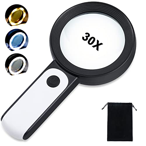 Arsir Handheld Magnifying Glass with Light, 30X 4IN Large Lighted Magnifier Glasses 18 LED 3 Modes Illuminated Magnify Lens for Seniors Rreading Book Macular Degeneration Coins Jewelry Kid Hobby Gifts