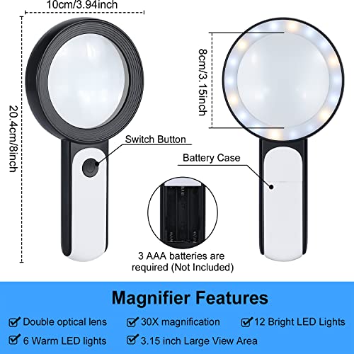 Arsir Handheld Magnifying Glass with Light, 30X 4IN Large Lighted Magnifier Glasses 18 LED 3 Modes Illuminated Magnify Lens for Seniors Rreading Book Macular Degeneration Coins Jewelry Kid Hobby Gifts