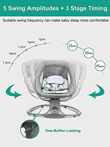 Baby Swings for Infants, Bluetooth Baby Bouncer, Intelligence Timing Electric Baby Rocker with Music Speaker, Preset Lullabies, 5 Point Harness Belt, 5 Speeds & Remote Control