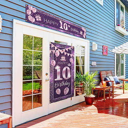 PAKBOOM Happy 10th Birthday Door Cover Porch Banner Sign Set - 10 Years Old Birthday Decoraions Party Supplies for Girls - Purple Pink