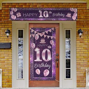 PAKBOOM Happy 10th Birthday Door Cover Porch Banner Sign Set - 10 Years Old Birthday Decoraions Party Supplies for Girls - Purple Pink
