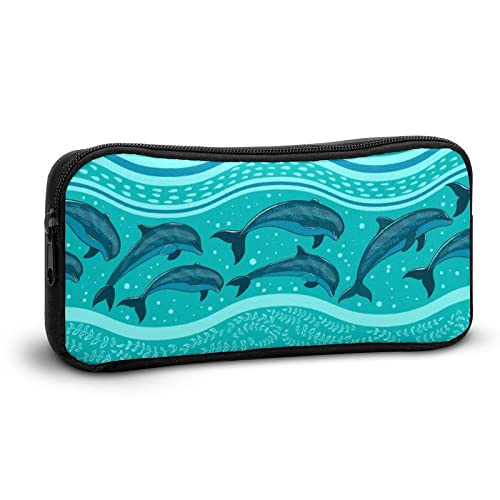 Dolphins in The Sea Pencil Case Stationery Pen Pouch Portable Makeup Storage Bag Organizer Gift