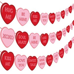 whaline 3pcs valentine’s day conversation hearts diy banners kit include red pink hearts and ribbons romantic paper hanging bunting garland with sayings for valentines party home wall decor, 8.2ft