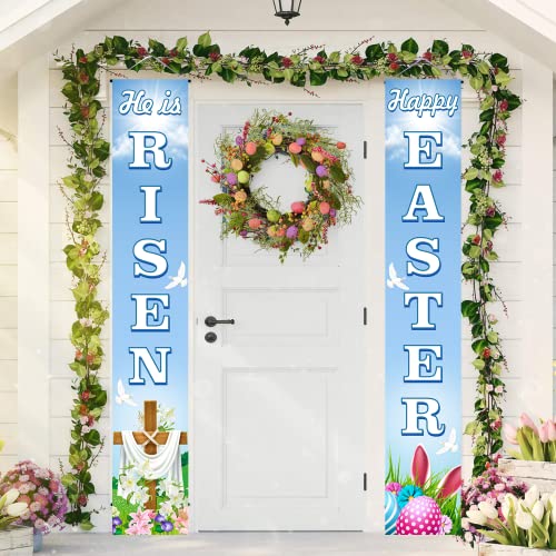 He Is Risen Banner, 71" X 12" He Is Risen Easter Decorations Porch Sign Happy Easter Banner Easter Door Decorations Porch Banner Easter Christian Cross Resurrection Religious Holiday Front Door Sign