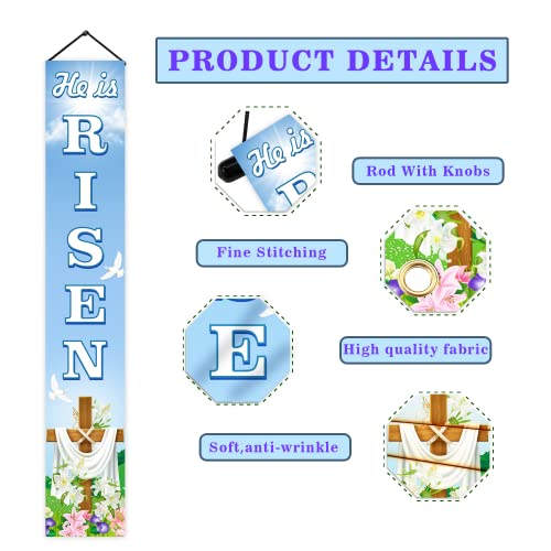 He Is Risen Banner, 71" X 12" He Is Risen Easter Decorations Porch Sign Happy Easter Banner Easter Door Decorations Porch Banner Easter Christian Cross Resurrection Religious Holiday Front Door Sign