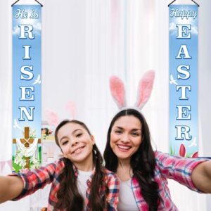 He Is Risen Banner, 71" X 12" He Is Risen Easter Decorations Porch Sign Happy Easter Banner Easter Door Decorations Porch Banner Easter Christian Cross Resurrection Religious Holiday Front Door Sign