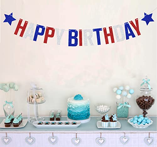 4th of July Happy Birthday Banner, Independence Day Birthday Party Decorations, Patriotic Independence Day Themed Birthday Decorations Blue Red White Glitter