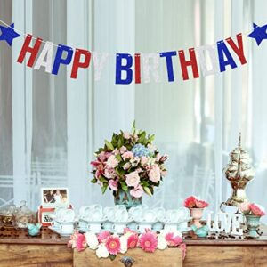 4th of July Happy Birthday Banner, Independence Day Birthday Party Decorations, Patriotic Independence Day Themed Birthday Decorations Blue Red White Glitter