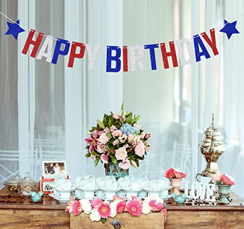 4th of July Happy Birthday Banner, Independence Day Birthday Party Decorations, Patriotic Independence Day Themed Birthday Decorations Blue Red White Glitter