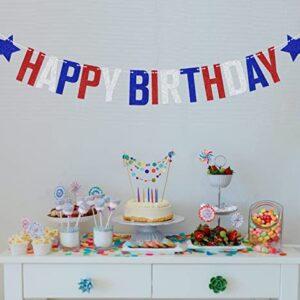 4th of July Happy Birthday Banner, Independence Day Birthday Party Decorations, Patriotic Independence Day Themed Birthday Decorations Blue Red White Glitter