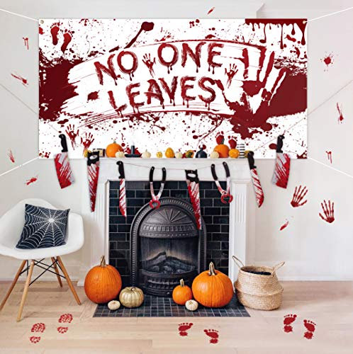 Halloween Decorations Set - Bloody Backdrop & Garland Banner & Footprints Handprints Floor Clings Decals - Zombie Vampire Party Supplies Garage Yard Outdoor Indoor Decor