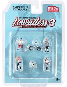 lowriders 3″ 6 piece diecast set (4 figurines, 1 dog and 1 bike) for 1/64 scale models by american diorama 76480