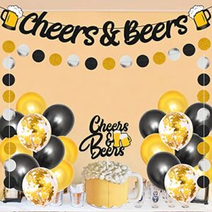 cheers and beers banner with cheers cake topper and circle dots garland 12” latex balloons kits happy birthday banner for man woman adults him her bday wedding bachelorette baby shower housewarming party event celebration supplies
