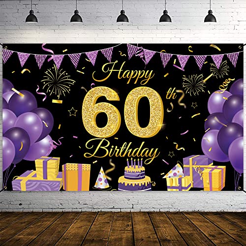 Wiipenex Happy 60th Birthday Backdrop Banner 70.86” x 43.3” Purple Black 60th Birthday Decorations Cheers to 60 Years Old Balloons Backdrop Party Supplies Birthday Yard Sign Poster Photo Booth Props