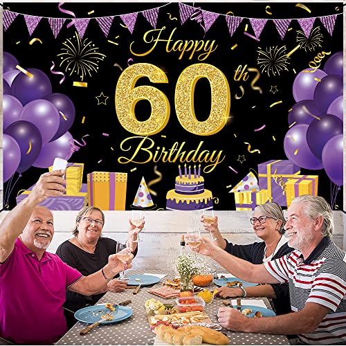 Wiipenex Happy 60th Birthday Backdrop Banner 70.86” x 43.3” Purple Black 60th Birthday Decorations Cheers to 60 Years Old Balloons Backdrop Party Supplies Birthday Yard Sign Poster Photo Booth Props