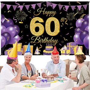 Wiipenex Happy 60th Birthday Backdrop Banner 70.86” x 43.3” Purple Black 60th Birthday Decorations Cheers to 60 Years Old Balloons Backdrop Party Supplies Birthday Yard Sign Poster Photo Booth Props