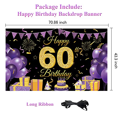 Wiipenex Happy 60th Birthday Backdrop Banner 70.86” x 43.3” Purple Black 60th Birthday Decorations Cheers to 60 Years Old Balloons Backdrop Party Supplies Birthday Yard Sign Poster Photo Booth Props