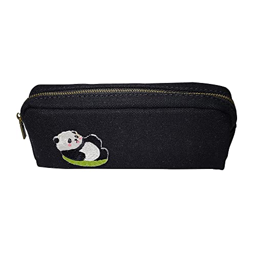 CATCH ON Cute Small Pencil Case Simple Durable Canvas Pen Pencil Bag Cosmetic Pouch Office School Stationery Organizer For College Students Kids Adults (Black-panda)