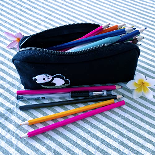 CATCH ON Cute Small Pencil Case Simple Durable Canvas Pen Pencil Bag Cosmetic Pouch Office School Stationery Organizer For College Students Kids Adults (Black-panda)