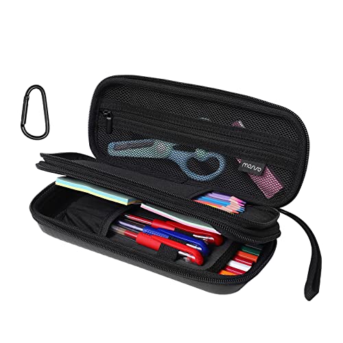 MOSISO Pen Pencil Case with Handle & Snap Hook, Large Capacity Double Layer Durable Portable EVA Hard Case Storage Bag Protective Organizer Pencil Sleeve for School Office College Supplies, Black