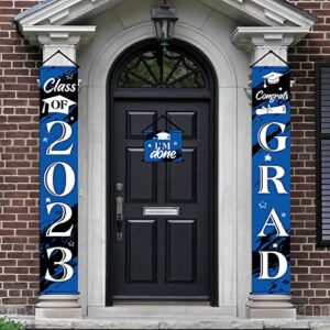 3 pieces 2023 graduation banner decorations, class of 2023 congrats grad porch sign hanging banner door sign welcome decor photo props for college, high school graduation party decorations (blue)
