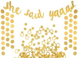 she said yaaas banner, garland & confetti set – bachelorette, engagement or wedding party decorations – sparkly decorations with super fun diamond ring & circle confetti (gold)