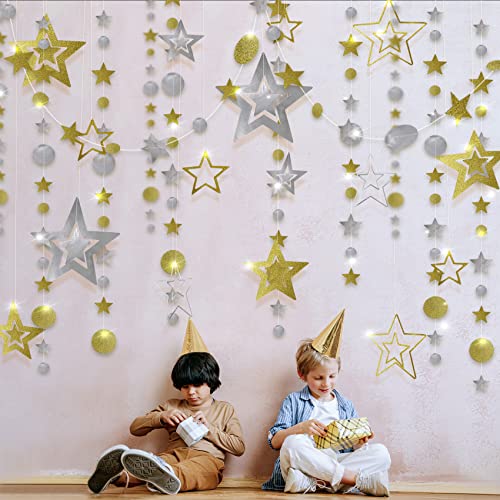 Glitter Circle Dot Garland Star Cutouts Decoration Ceiling Decorations Hanging Streamer Backdrop Banner for for Bulletin Board Classroom Wall Party Decoration Supply (Gold, Silver)