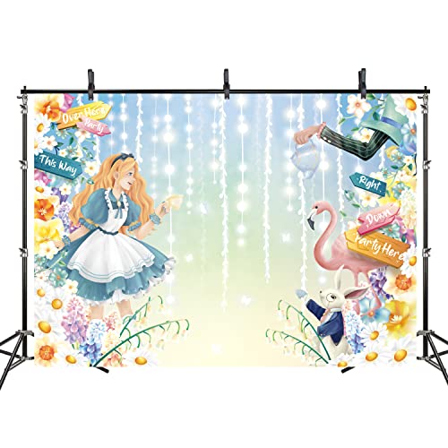 5x3 ft Alice in Wonderland Backdrop for Girls Birthday Party Decorations Floral Tea Party Easter Bunny Banner Background for Birthday Party Supplies