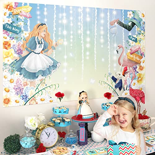 5x3 ft Alice in Wonderland Backdrop for Girls Birthday Party Decorations Floral Tea Party Easter Bunny Banner Background for Birthday Party Supplies