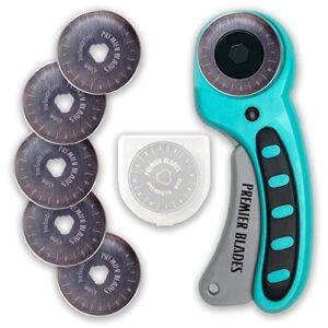 premier blades 45mm rotary cutter tool (5 extra blades included) ergonomic soft handle stainless steel blades- perfect for quilting & cutting fabric, paper, leather, and more!